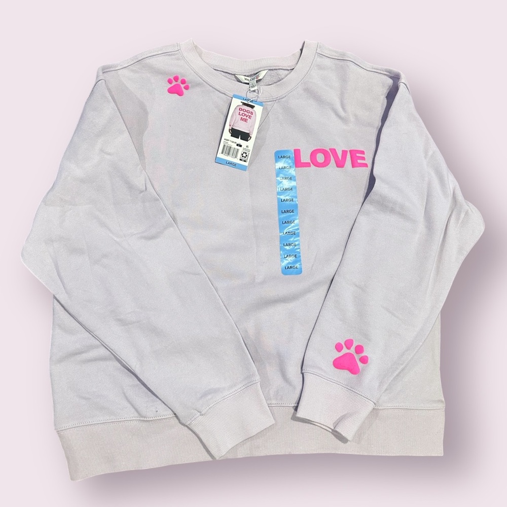 Cute Women’s Sweatshirt that Reads “Dogs Love Me” on the back. Size L. NWT